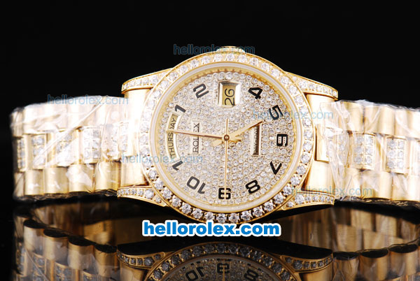 Rolex Day-Date Oyster Perpetual Full Gold and Diamond with Diamond Dial and Black Number Marking - Click Image to Close